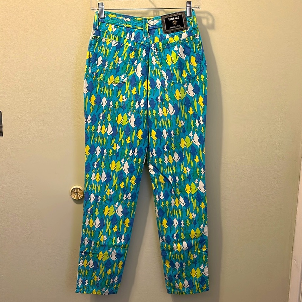 Versace Blue And Green Leaf Pattern Pants